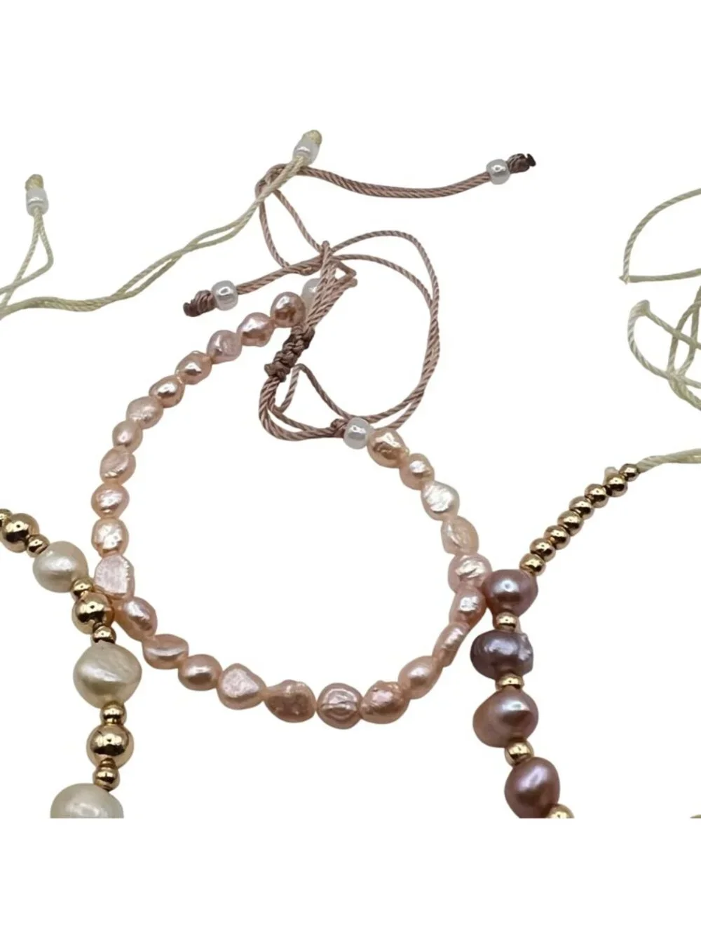 Set 3 Adjustable Bracelets Freshwater Pearls Gold Tone Pastel Pink Cowrie Heart - Picture 6 of 14